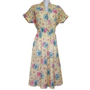 D'Allaird's Yellow Midi Dress Floral Print Short Sleeves Vintage 80s